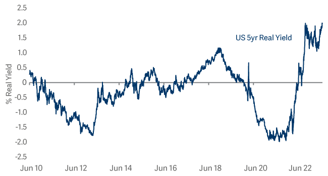 line graph showing we see value in real yields in US