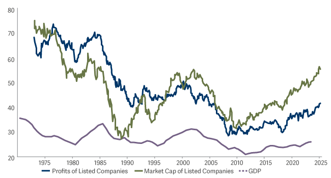 line graph showing The US as a percentage of the world